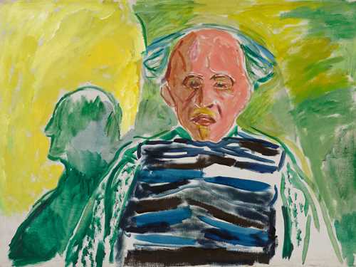 Edvard Munch: Selvportrett, 1940–43. En gammel mann i halvfigur sitter med armene ned langs siden. I bakgrunnen ser man konturen av en annen mann. Bildet er i gul- og grønntoner. Maleri