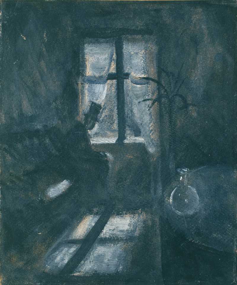 Edvard Munch: Night in Saint-Cloud, 1892. We see into a dark room, illuminated only by moonlight and streetlights through a window. The window casts a long shadow on the floor, with the muntins forming a cross. In the dim light by the window, a man wearing a top hat is seated.