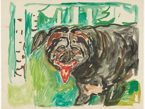 Edvard Munch: Sint hund, 1938–43. En stor mørk hund ser rett mot oss og flekker tenner mens en lang rød tunge henger ut av munnen. I bakgrunnen ser vi bjørketrær. Akvarell