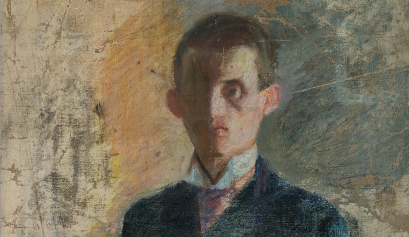 A young Edvard Munch looks toward us, but half of his face is in shadow. He is dressed smartly.