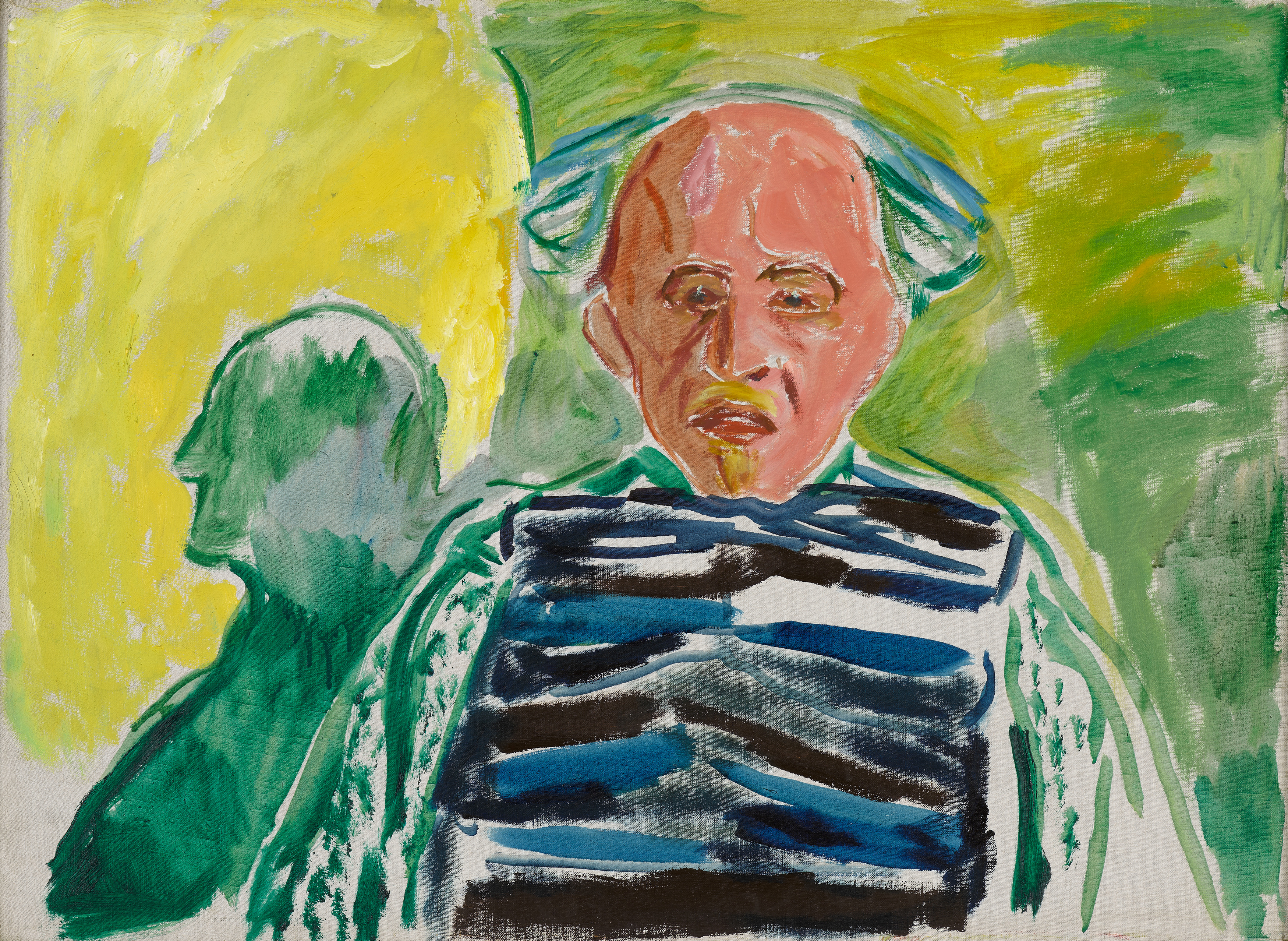 Edvard Munch: Self-Portrait, 1940–43. An old man is shown in a half-length portrait, sitting with his arms resting at his sides. In the background, the outline of another man is visible. The painting is in shades of yellow and green. Painting.