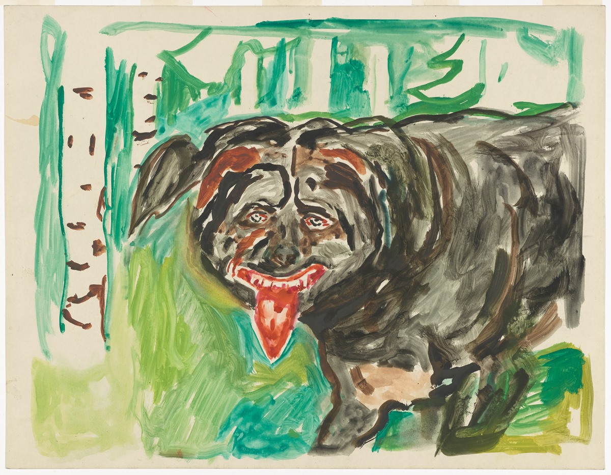 Edvard Munch: Angry Dog, 1938–43. A large, dark dog faces us directly, baring its teeth with a long red tongue hanging out of its mouth. In the background, there are birch trees. Watercolour.