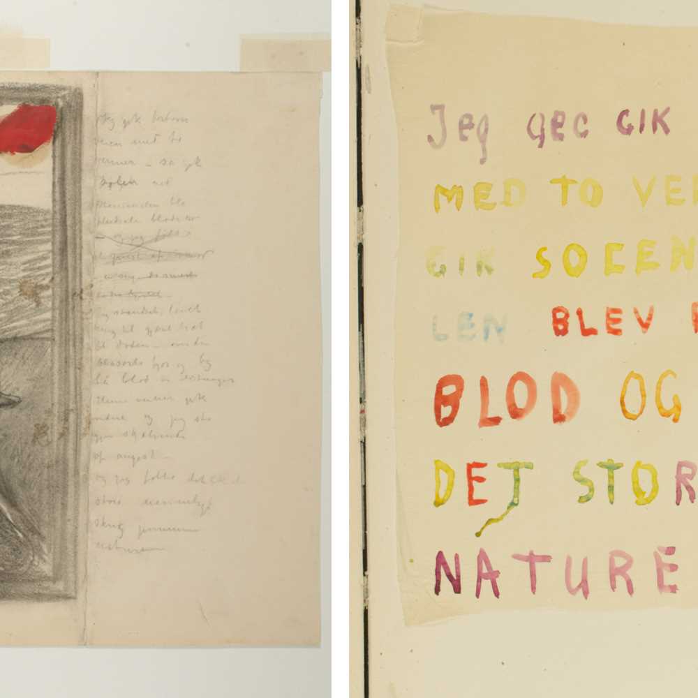 From Edvard Munch's sketchbooks: Left: Despair, with version of The Scream text. Coal, oil, 1892 (probable).Right: Handwritten text. "I was walking along the road with two friends". Watercolor, circa 1930. Photo © Munchmuseet