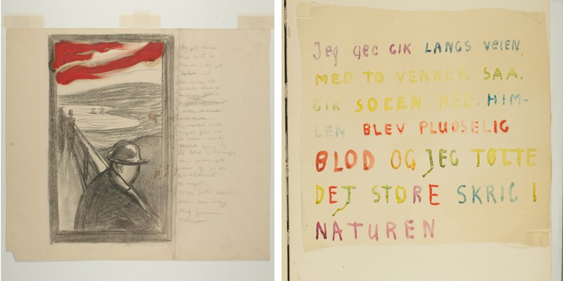 Fra skissebøkene til Edvard Munch: Til venstre: Fortvilelse, med versjon av Skrik-teksten. Kull, olje, 1892 (sannsynlig). Til høyre: Håndskrevet tekst. "Jeg gik langs veien med to venner". Akvarell, ca 1930. Foto © Munchmuseet