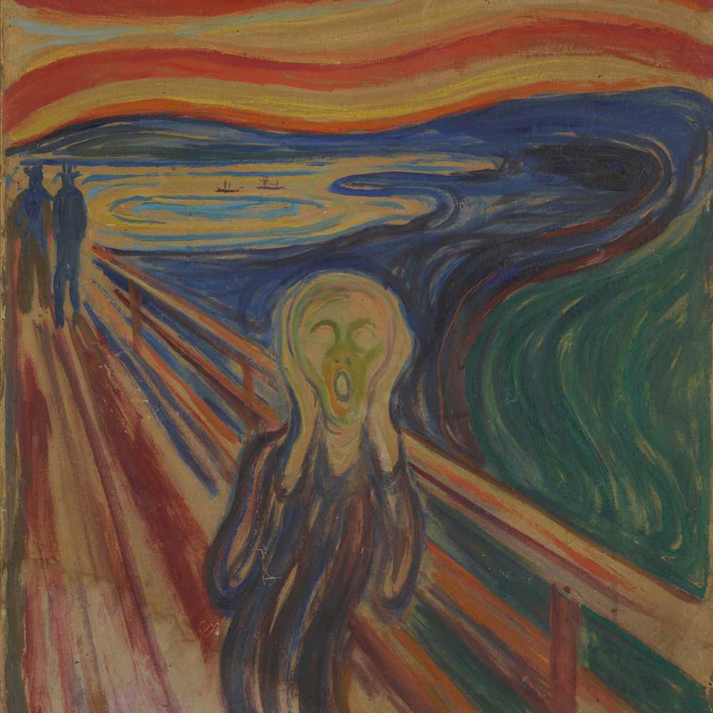A sinuous, ghostly figure with empty eyes and an open mouth holds his hands over his ears. He stands facing us on a road with flamelike, billowing clouds in the background. Behind him, two men stroll away into the landscape.