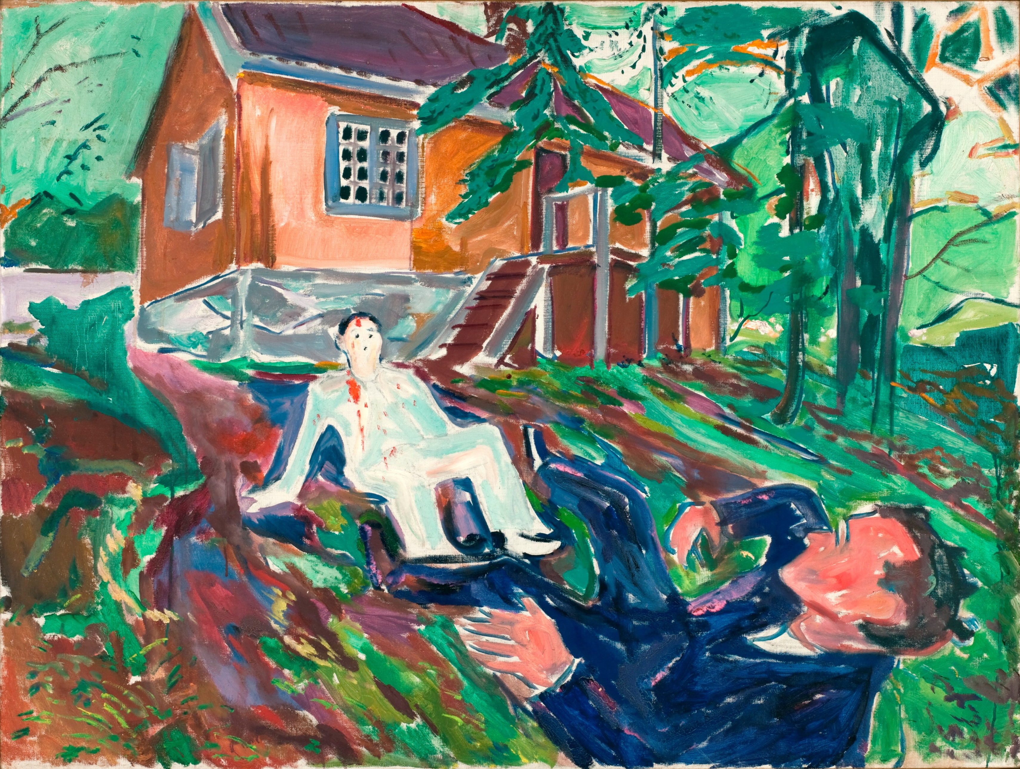 The image shows a garden in front of a yellow wooden house. In the lower right corner, a man in a blue suit is falling towards the ground. Along the same diagonal in the centre of the image, a man in a white suit is sitting dazed, with blood running from his head. Painting.