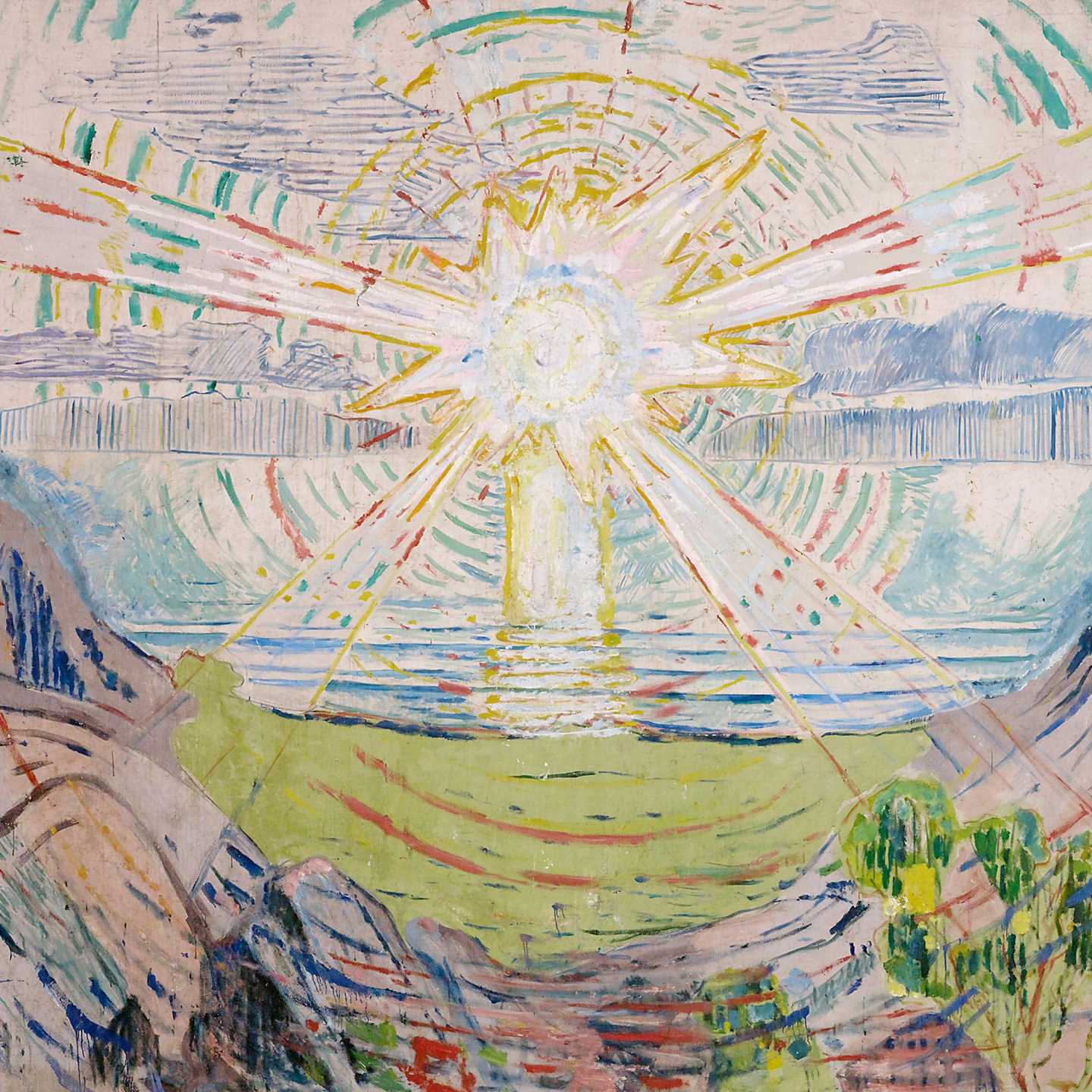 Et storslagent maleri av en soloppgang over et fjordlandskap. Solstrålene flommer mot deg. Himmelen vibrerer og sender blågrønne bølger utover fjorden.