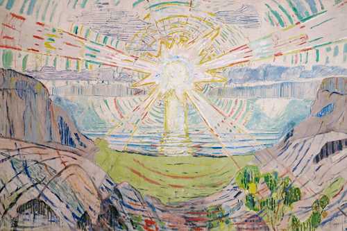 Et storslagent maleri av en soloppgang over et fjordlandskap. Solstrålene flommer mot deg. Himmelen vibrerer og sender blågrønne bølger utover fjorden.