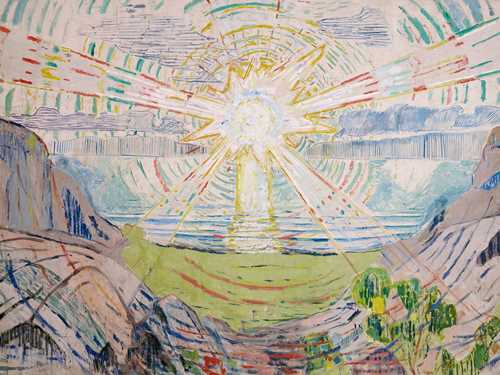 Et storslagent maleri av en soloppgang over et fjordlandskap. Solstrålene flommer mot deg. Himmelen vibrerer og sender blågrønne bølger utover fjorden.