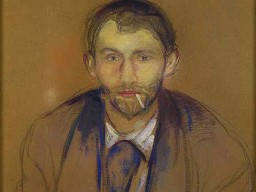Edvard Munch: Stanislaw Przybyszewski, 1895. Vi ser Stanislaw rett forfra i halvfigur. Han ser rett på oss og har en sigarett i munnviken. Skuldrene luter litt fremover. Han har på seg en frakk og en hvit skjorte. Maleri
