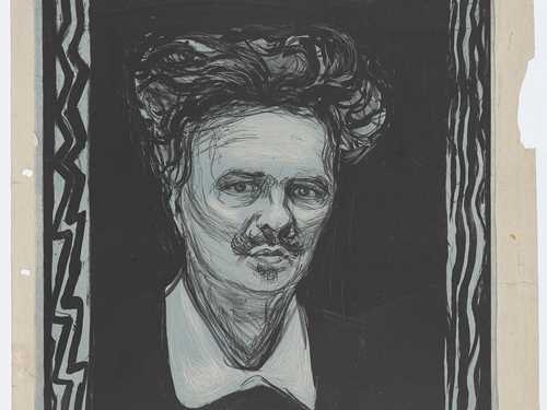 Edvard Munch: August Strindberg, 1896. Vi ser August fra halsen og opp og han ser rett på oss. Han har stort bustete hår og en bart over en lett snurpet munn. Han har hvit skjortekrage. Bakgrunnen er svart og rundt er en ramme i hvitt med svarte bølgende og sikksakk streker.