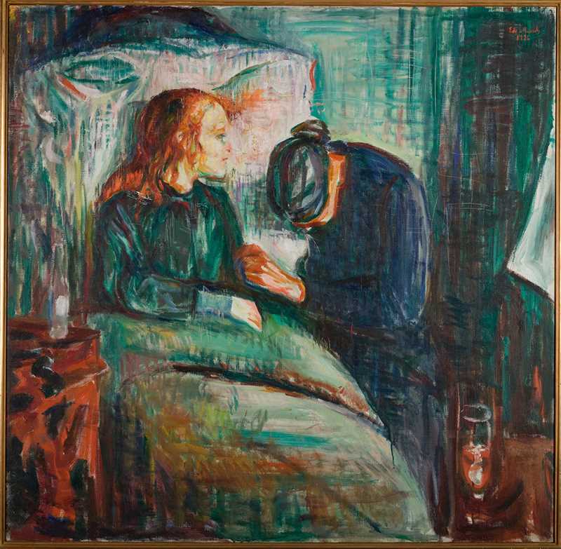 Edvard Munch: The Sick Child. Oil on canvas, 1927. A red-haired child lies in bed, propped up by a large pillow. A woman, dressed in black, sits beside her with her head bowed. Painting.