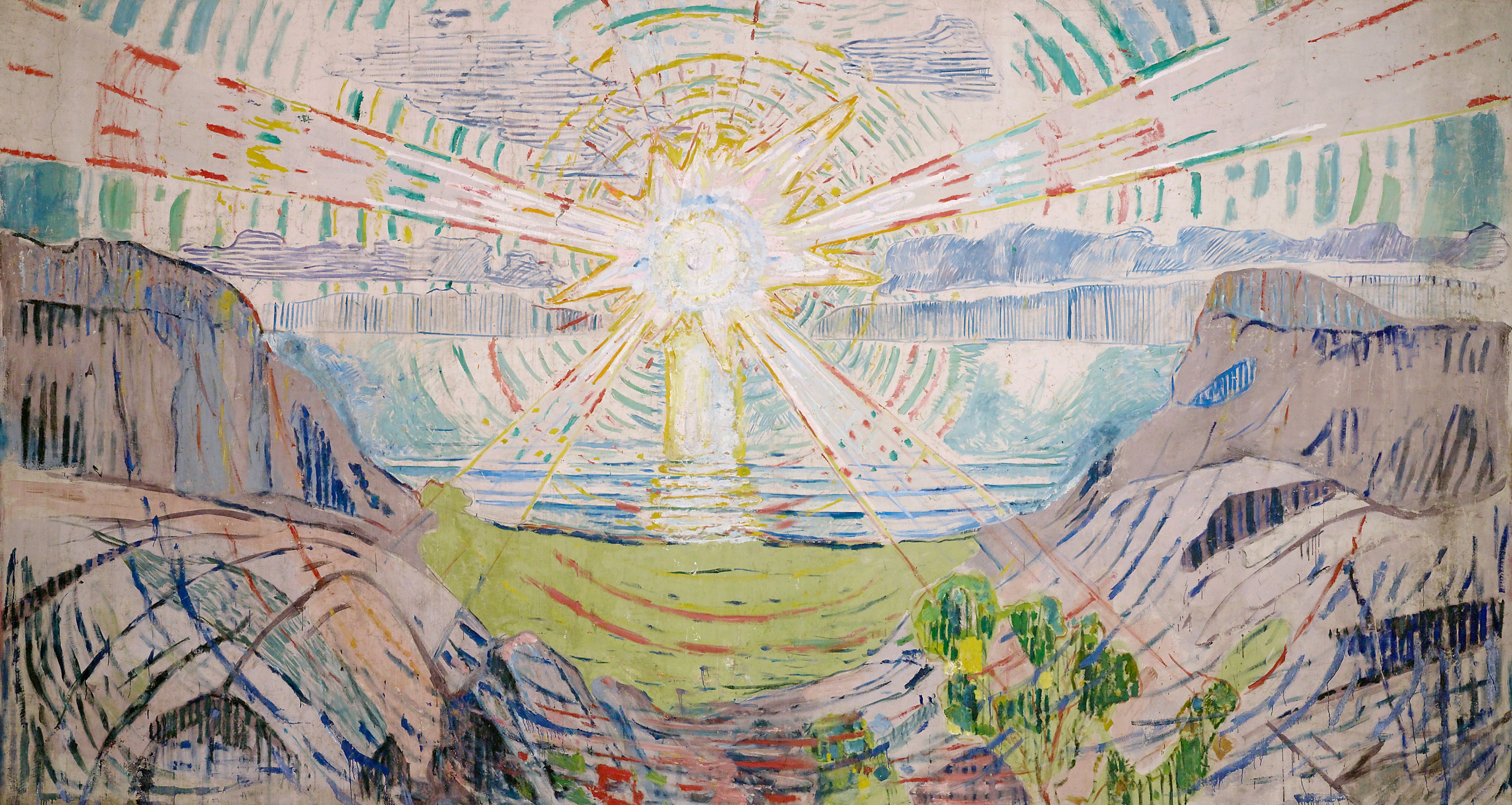 A magnificent painting of a sunrise over a fjord landscape. The sun’s rays flood towards you. The sky vibrates and sends blue-green waves across the fjord. 