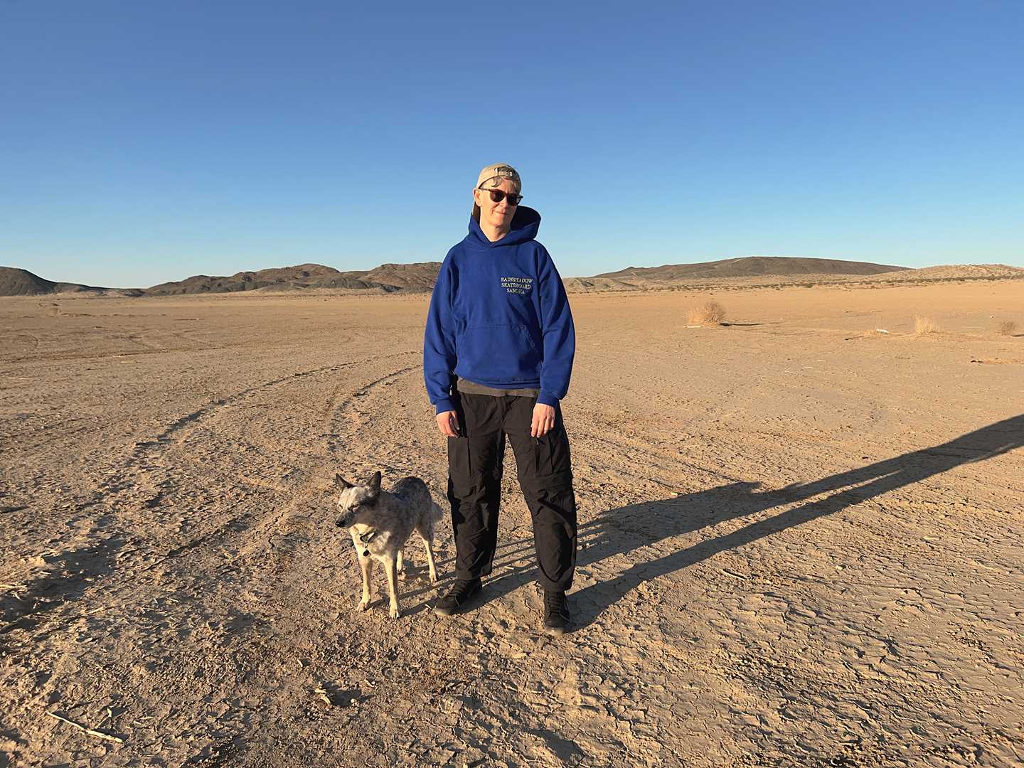 A full-length figure wearing a blue hoodie, black trousers, and sunglasses stands in a desert landscape with a dog beside them. Mountains rise in the background under a vivid blue sky. Photograph.